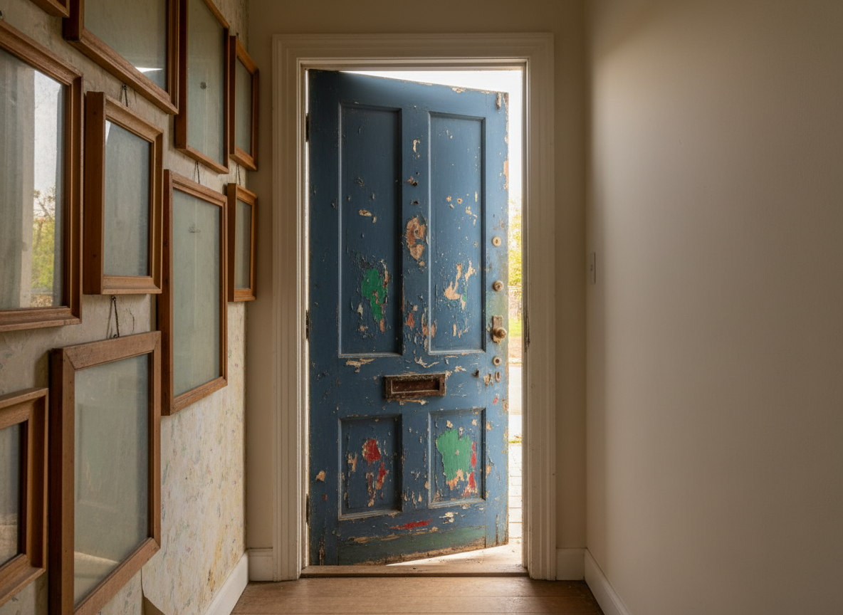 A weathered wooden front door stands slightly ajar in a narrow hallway, its paint chipped and scarred, revealing layers of history. On one side of the doorway, the wall is lined with cracked family picture frames turned face-down, while the opposite wall is bare and freshly painted, symbolizing new boundaries. Soft, diffused afternoon light slips in from an unseen window, casting a clear line of shadow across the threshold. Photographic realism at eye level, using rule-of-thirds composition and shallow depth of field, emphasizes the raw tension between past hurt and the possibility of faith-driven healing just beyond the door. The mood is bold, honest, and contemplative, not sentimental.